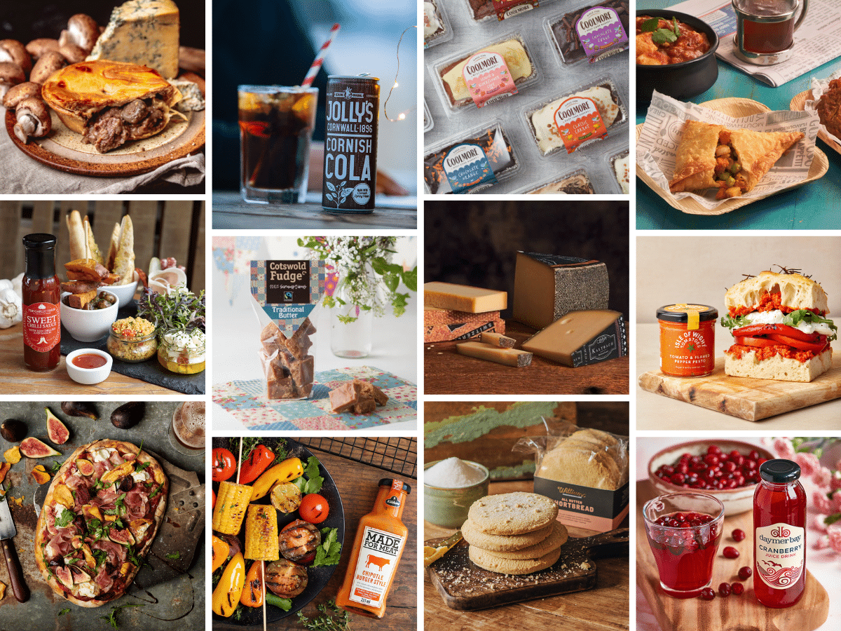 Images of food that The Cress Company offer. Including cakes, drinks, biscuits, and savory products.